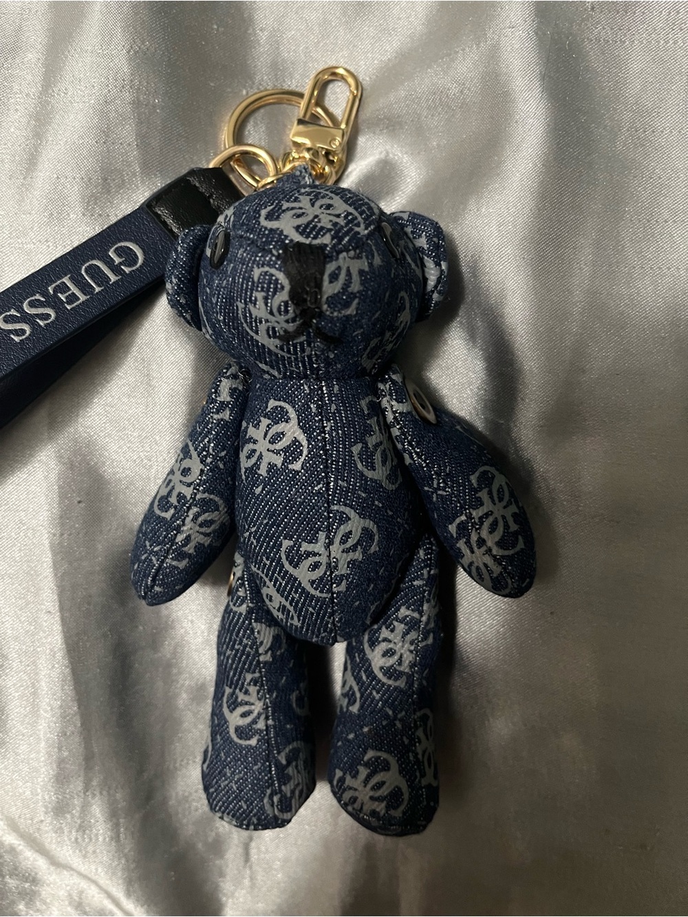 GUESS Logo Denim Bear Bag Charm with Gold Keyring